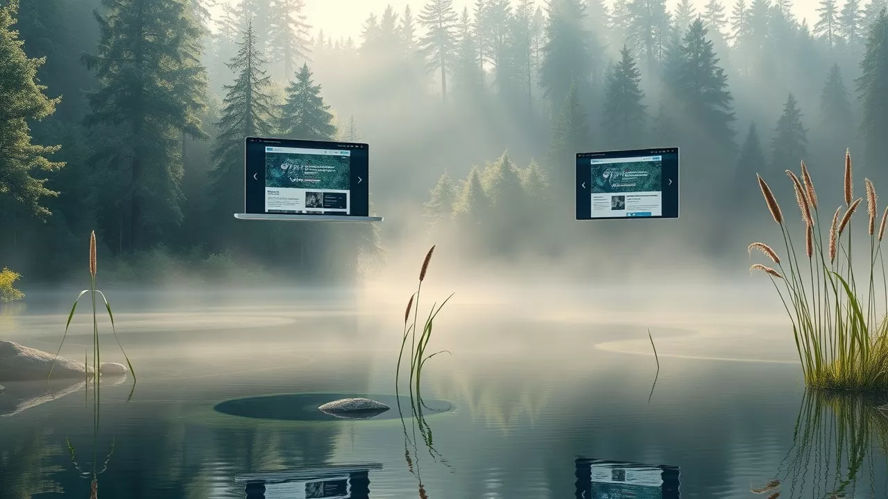 Modern websites float above a calm sea bordered by a blackwood forest, with tall reeds and sunlight filtering through the trees.