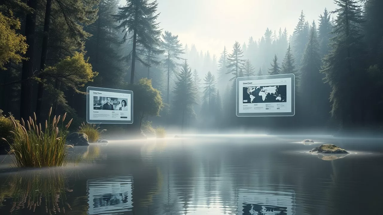 Different Angle: Modern websites float above a calm sea bordered by a blackwood forest, with tall reeds and sunlight filtering through the trees.