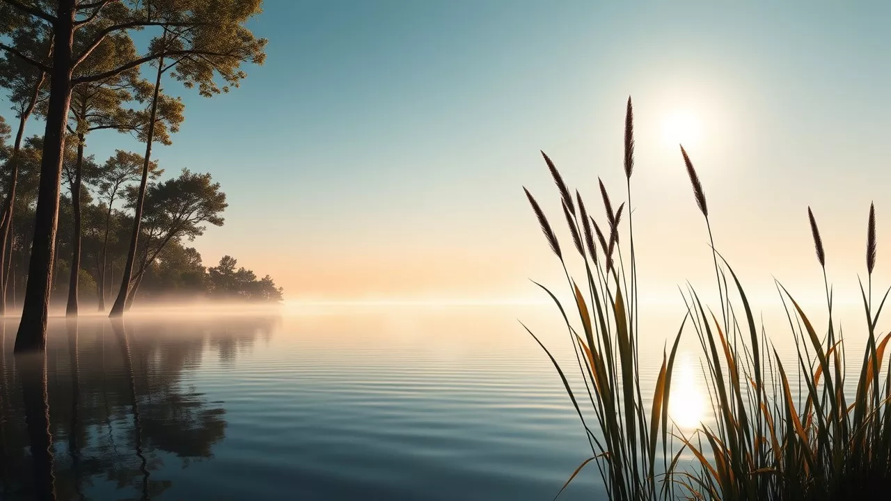 A calm sea bordered by sleek blackwood trees reflects a gradient sky, with mist hovering above the water. Tall, futuristic Schilf reeds sway along the shore, and dappled sunlight filters through a sophisticated canopy.