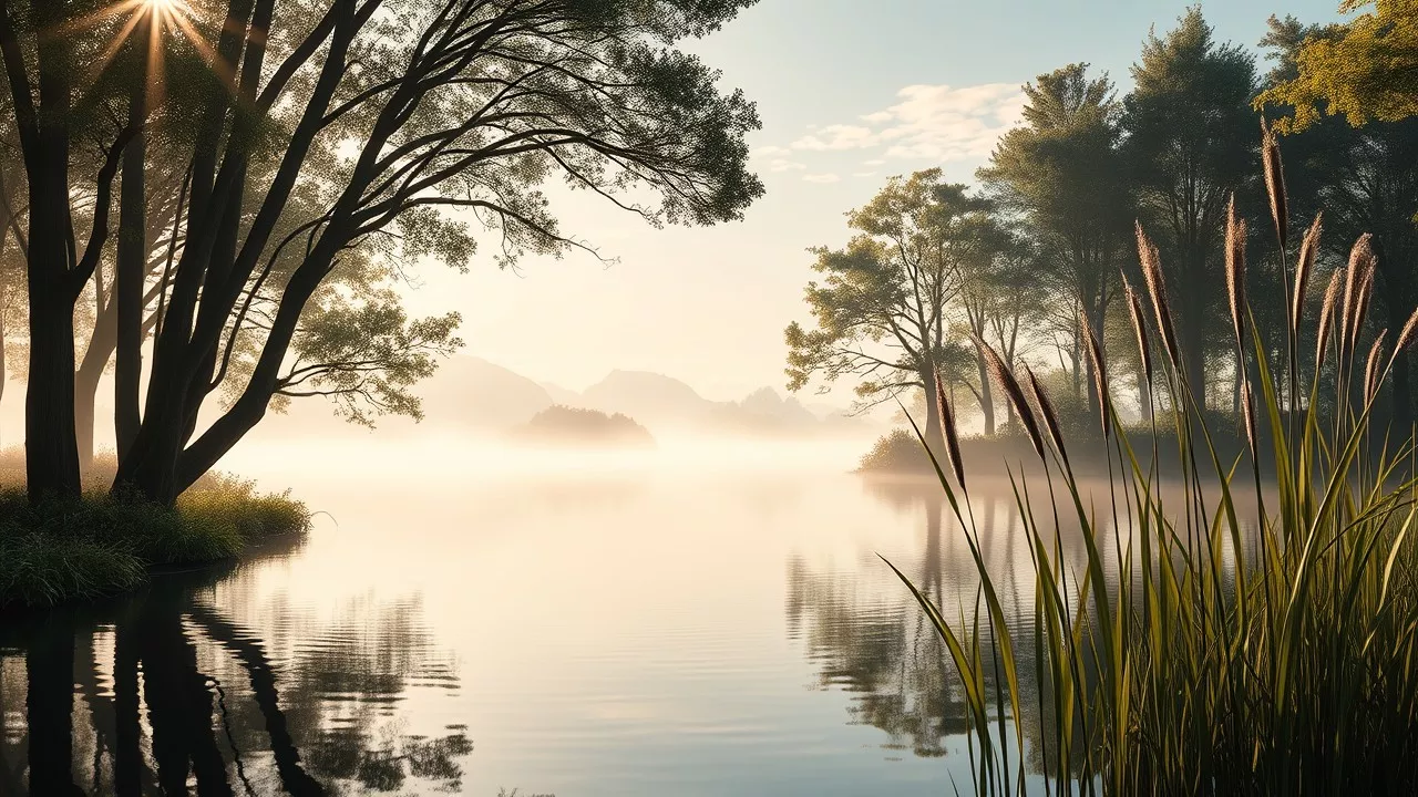 Different angle: A calm sea bordered by sleek blackwood trees reflects a gradient sky, with mist hovering above the water. Tall, futuristic Schilf reeds sway along the shore, and dappled sunlight filters through a sophisticated canopy